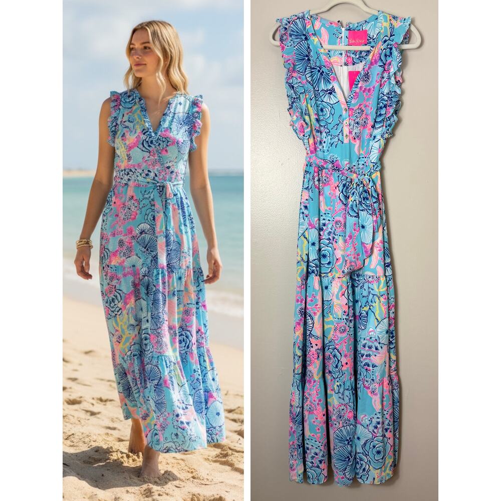 NWT LILLY PULITZER MAXI DRESS BLUE PINK DESTINI RUFFLE NAUTICAL TROPICAL BELTED